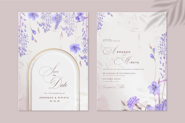 Hermosa invitación de boda con follaje morado