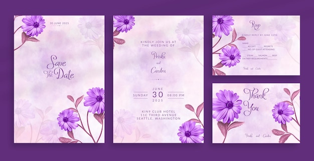 PSD hermosa invitación de boda de lavanda con adornos de flores de acuarela