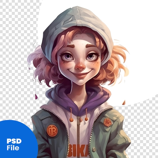 Hermosa joven con cabello rosado con gorra y chaqueta. plantilla psd de ilustración vectorial