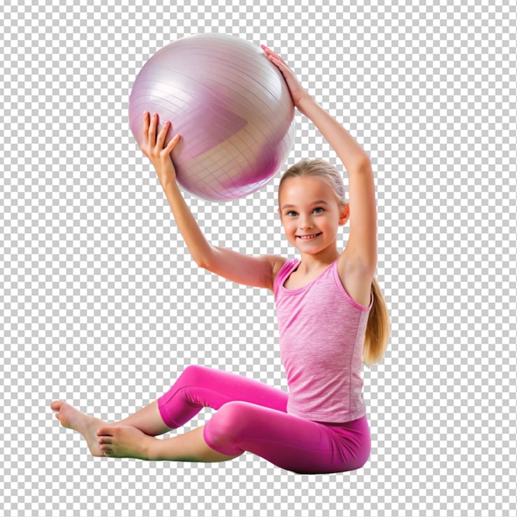 PSD hermosa joven haciendo ejercicios acostada en el fondo transparente de yoga