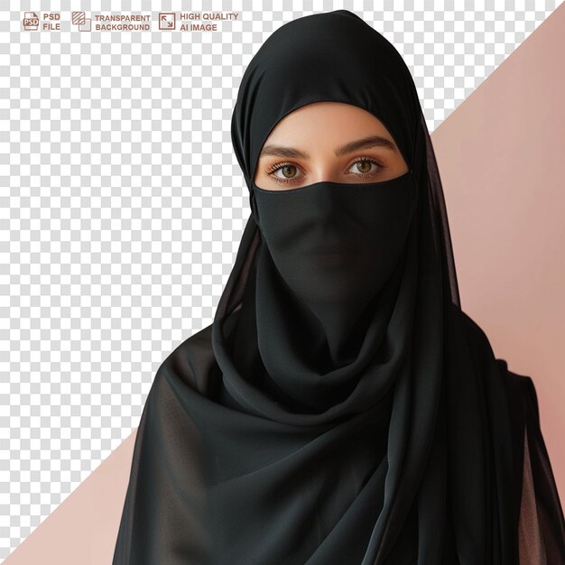 PSD hermosa joven musulmana con burka negra y hijab de fondo transparente