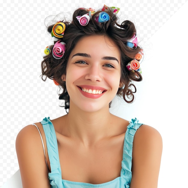 PSD hermosa joven sonriendo con rulos en el cabello sobre fondo blanco aislado aislado