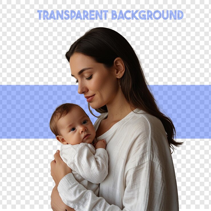 Una hermosa madre abraza a su hija sobre un fondo transparente