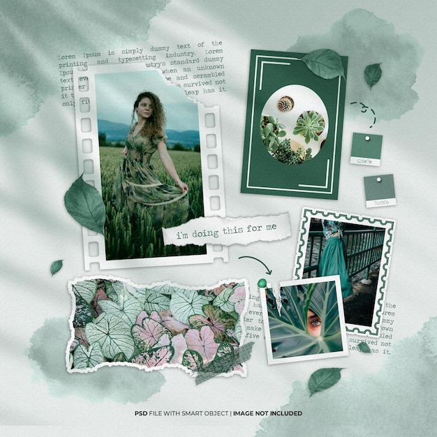 Hermosa maqueta de conjunto de fotos de collage de moodboard verde oliva