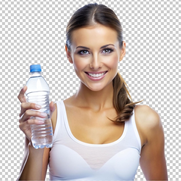 PSD hermosa mujer con una botella de agua en un fondo transparente