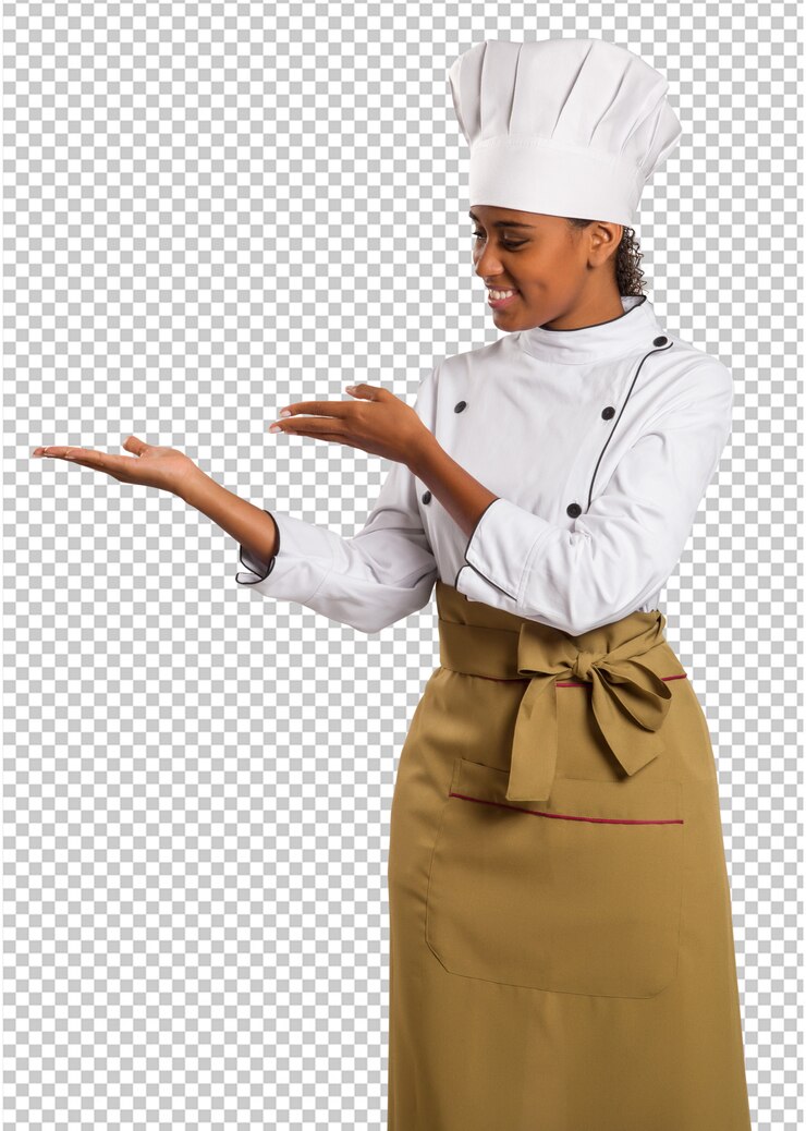 PSD hermosa mujer chef de cocina brasileña en espacio transparente