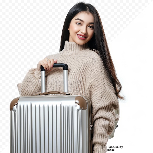 Una hermosa mujer joven sostiene una maleta de aluminio aislada sobre un fondo blanco aislado