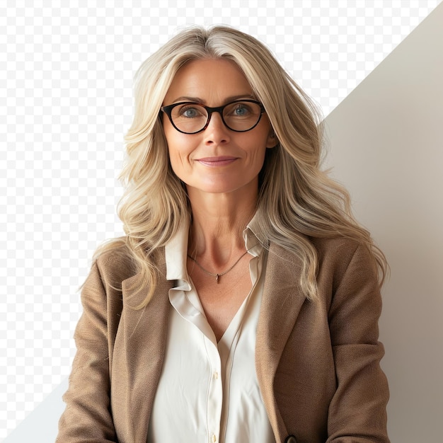 PSD hermosa mujer de negocios de mediana edad con gafas de pie sobre un fondo blanco aislado con una sonrisa feliz y fresca en la cara persona afortunada