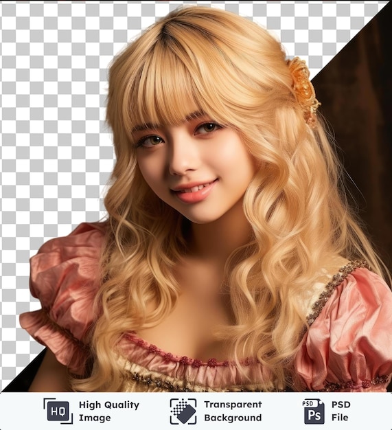 PSD una hermosa mujer rubia de cabello largo con un vestido rosa se encuentra frente a una cortina marrón adornada con una flor rosa sus ojos marrones y nariz pequeña son visibles en la imagen