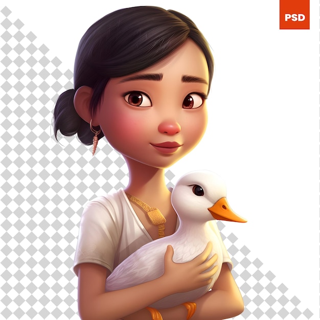 PSD hermosa niña con pato sobre fondo blanco 3d renderizado