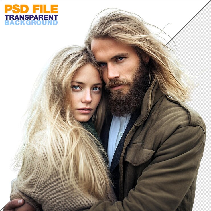 PSD hermosa pareja de amantes con el pelo largo rubio en un fondo transparente