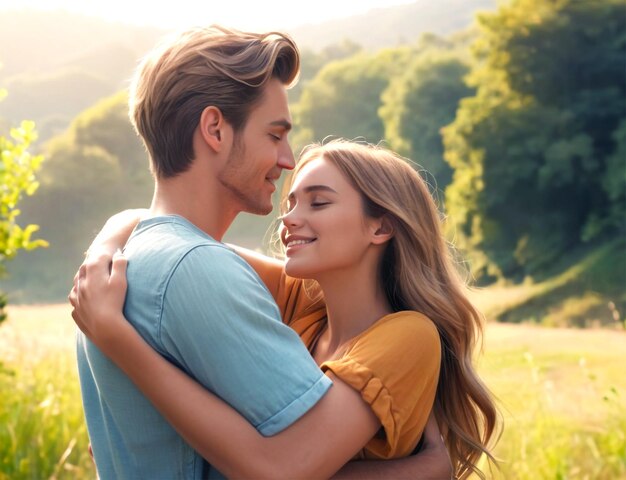 Una hermosa pareja pasa tiempo en un campo de otoño