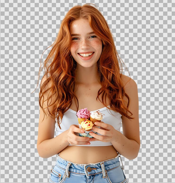 PSD hermosa pelirroja y sosteniendo helado en un fondo transparente