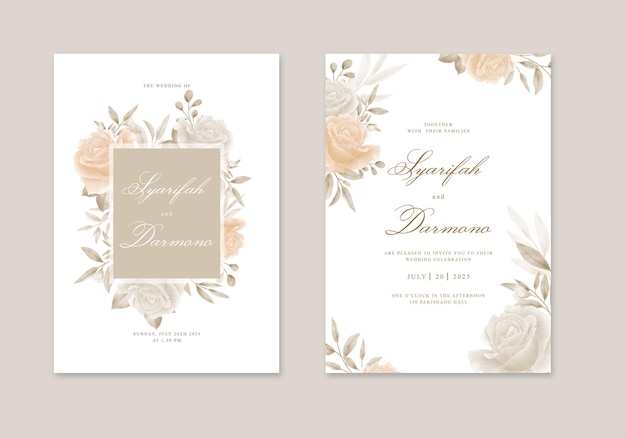 PSD hermosa plantilla de invitación de boda con decoración de flores rosas de acuarela