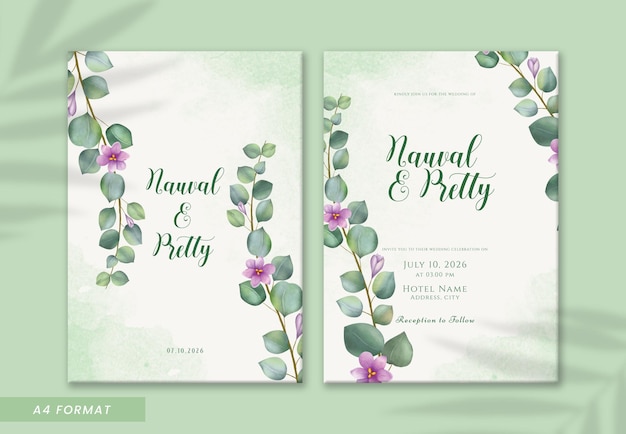 hermosa plantilla de invitación de boda de doble cara de acuarela de eucalipto