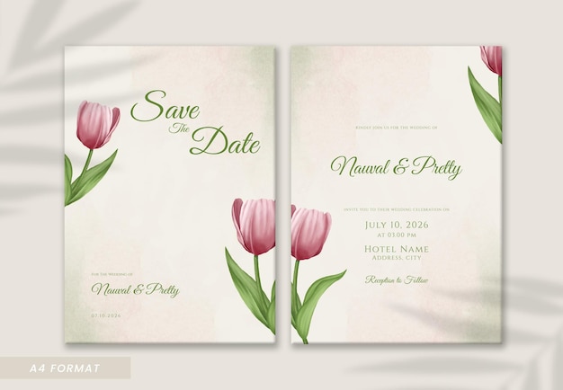 hermosa plantilla de invitación de boda de doble cara de acuarela de tulipán rosa
