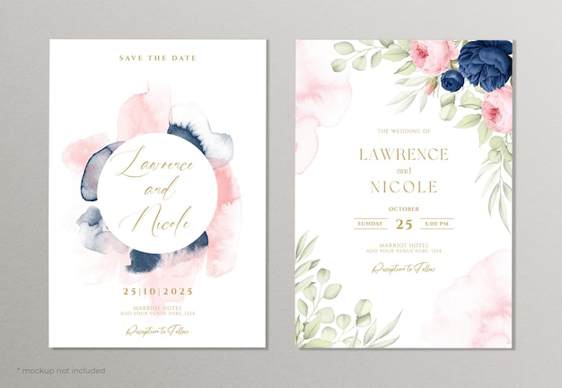 Hermosa plantilla de invitación de boda floral con decoración de acuarela y hojas