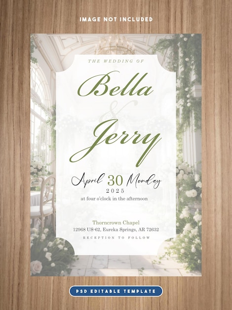 PSD hermosa plantilla de invitación de boda con fondo de salón de bodas