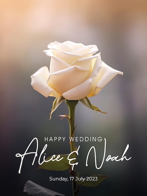 PSD hermosa plantilla de póster de saludo de boda con fondo de flor de rosa