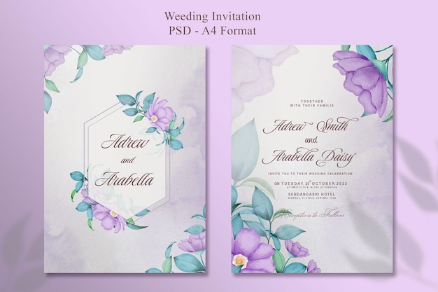 Hermosa plantilla púrpura de invitación de boda dibujada a mano