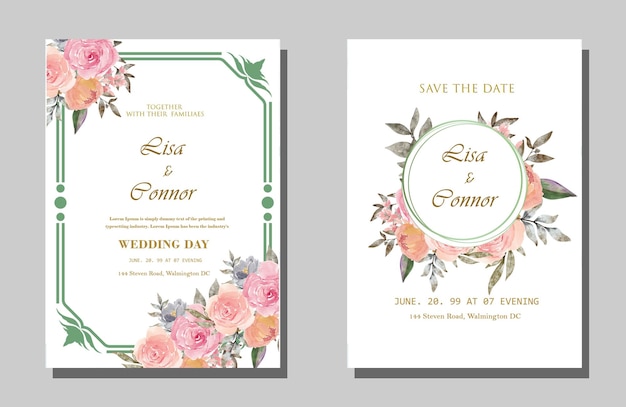 Hermosa plantilla de tarjeta de invitación de boda con marco floral PSD Premium
