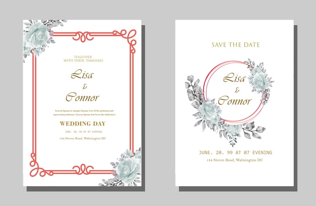Hermosa plantilla de tarjeta de invitación de boda con marco floral PSD Premium