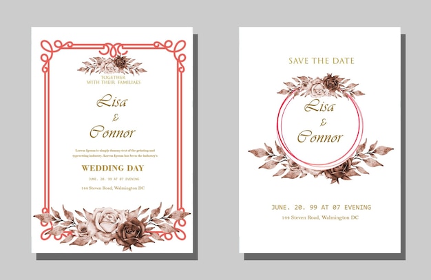 Hermosa plantilla de tarjeta de invitación de boda con marco floral PSD Premium