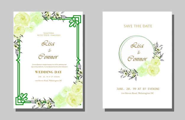 Hermosa plantilla de tarjeta de invitación de boda con marco floral psd premium