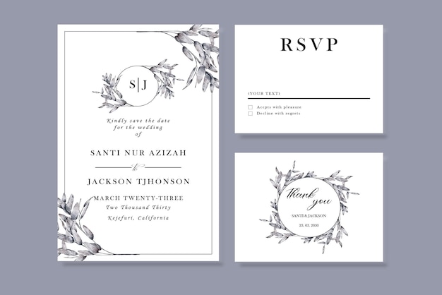Hermosa plantilla de tarjeta de invitación de boda con marco floral PSD Premium