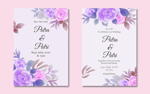 Hermosa plantilla de tarjeta de invitación de boda con suave adorno floral