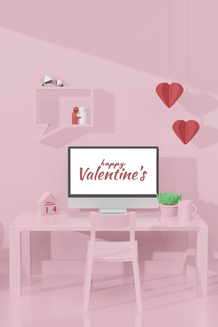 PSD hermosa sala de feliz día de san valentín con plantilla de computadora en maqueta de modelo 3d