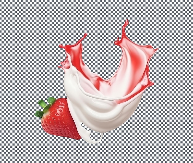 Hermosa salpicadura de leche o yogur con fresas aisladas sobre un fondo blanco