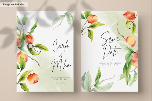 hermosa tarjeta de invitación de boda con acuarela de melocotones dibujada a mano
