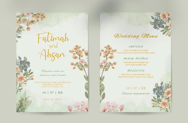 PSD hermosa tarjeta de invitación de boda con flores de madera blanca y verde