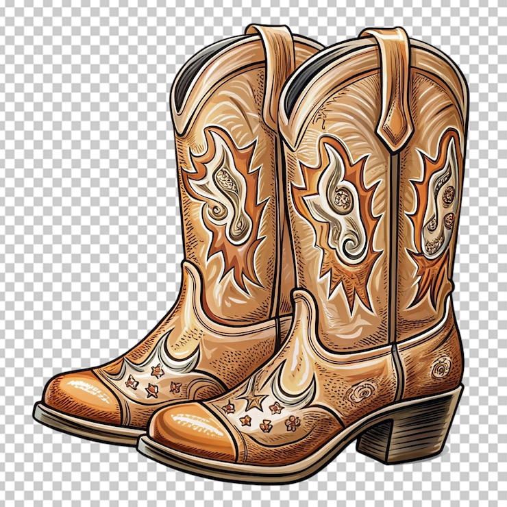 PSD hermosas botas vaqueras de cuero vintage con patrones aislados en blanco de cerca