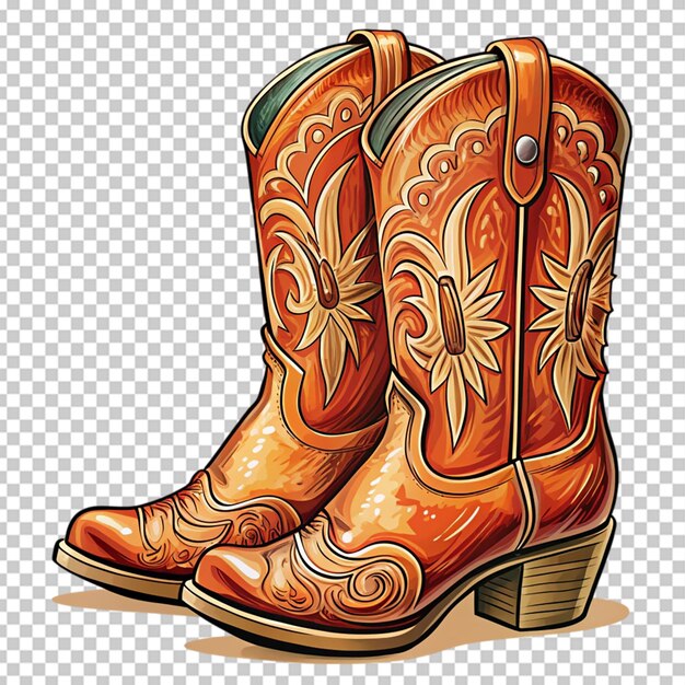 Hermosas botas vaqueras de cuero vintage con patrones aislados en blanco de cerca