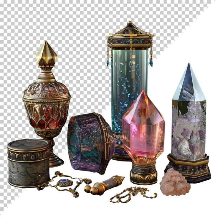 PSD hermosas botellas de perfume de lujo y caros brillos de oro de vidrio negro aislados en un fondo transparente