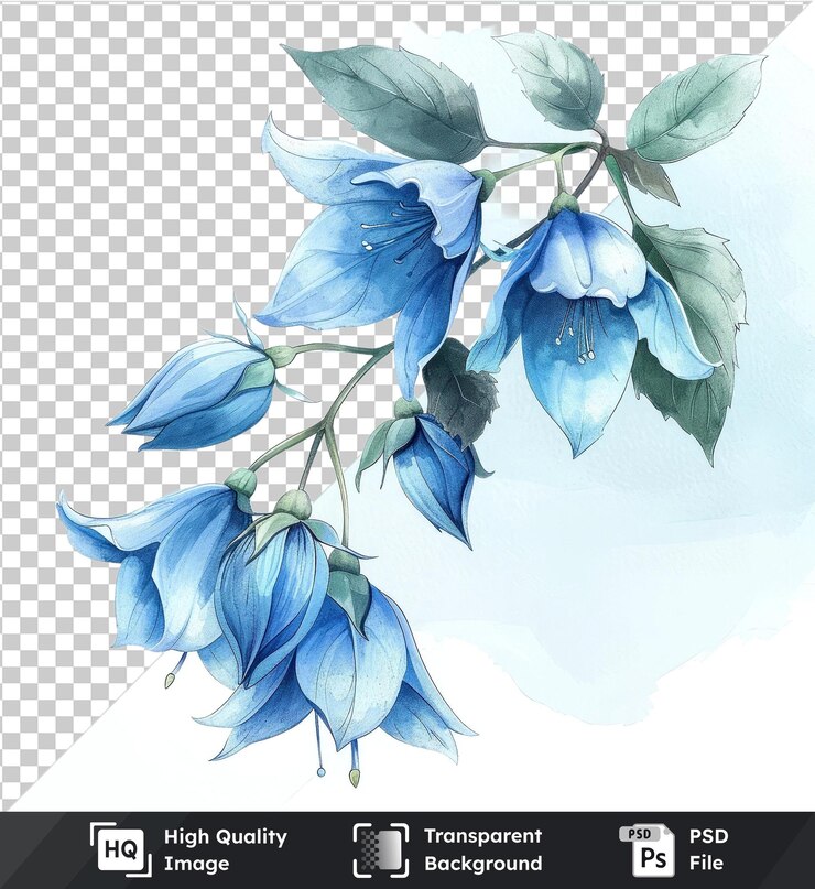 PSD hermosas flores de campana de nieve de acuarela y hojas clipart elementos florales azules y blancos en
