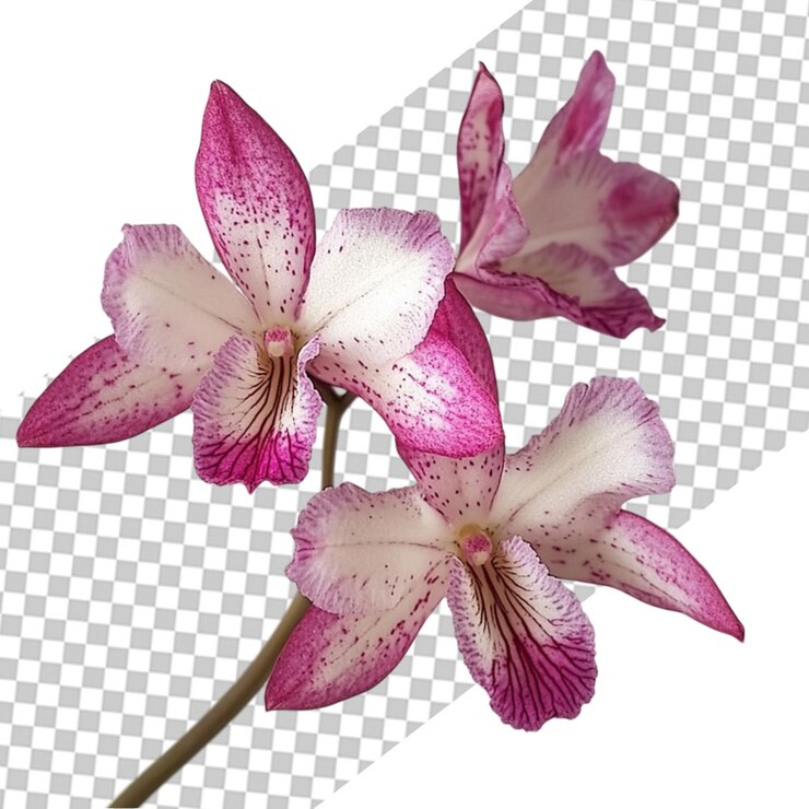 PSD hermosas flores de orquídea rosadas y blancas aisladas imagen macro de la planta de floración del tallo de fondo
