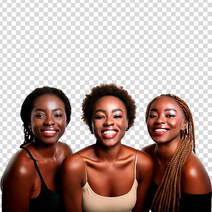 PSD hermosas mujeres negras con sonrisas en un fondo transparente