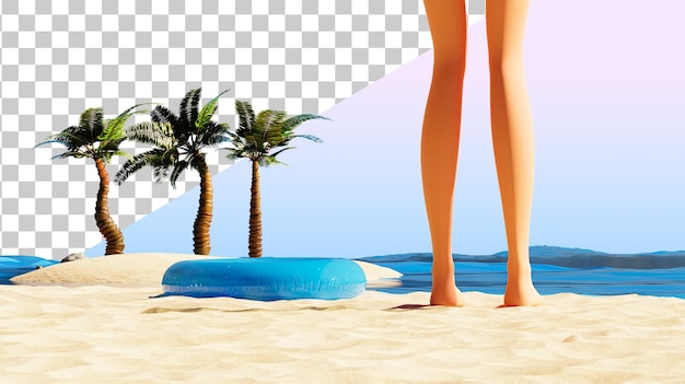 Hermosas piernas femeninas en la playa Seascape 3d render Isla tropical con palmeras Vacaciones en el paraíso