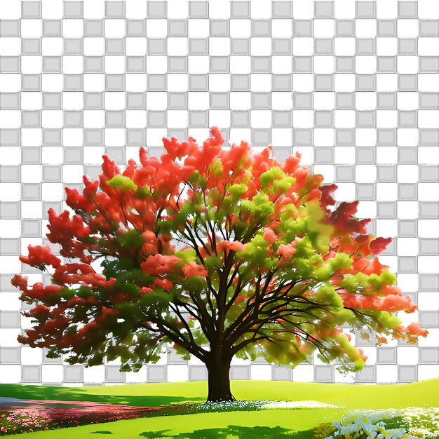 PSD un hermoso árbol solitario y flores en un fondo transparente ai generado