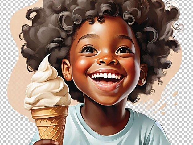 PSD un hermoso bebé afroamericano negro sosteniendo y comiendo un helado en un cono con una gran sonrisa
