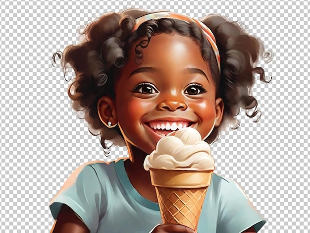 PSD un hermoso bebé afroamericano negro sosteniendo y comiendo un helado en un cono con una gran sonrisa