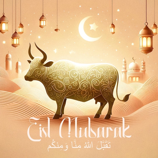 PSD hermoso cartel de felicitación de eid al adha con una vaca