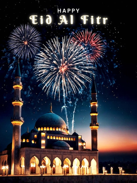 Hermoso cartel de la mezquita de eid al fitr con un hermoso fondo del cielo nocturno