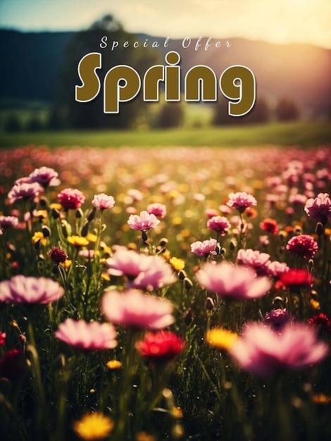 PSD hermoso cartel de primavera floreciendo el arbusto de rosas