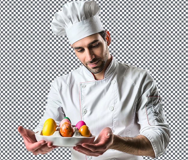 El hermoso chef de huevos aislado sobre un fondo transparente