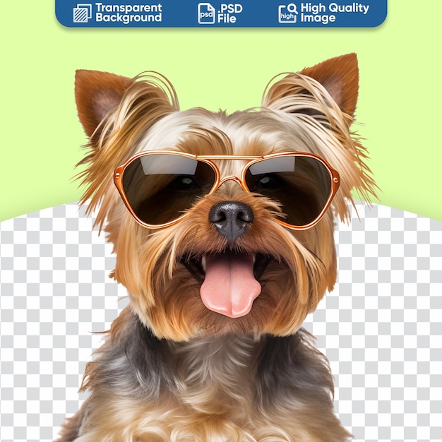 PSD hermoso y feliz el perro yorkshire terrier con gafas de sol está listo para la playa de verano