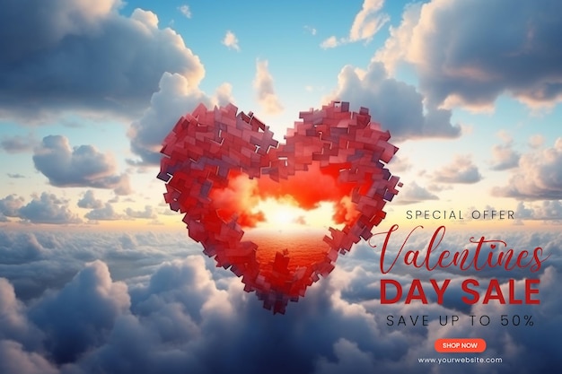 Hermoso fondo de la bandera del día de san valentín de amor de propósito múltiple efecto corazón 3d